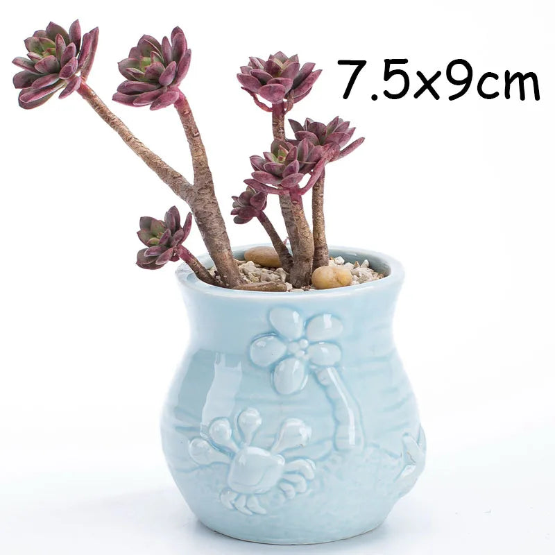 European Style Porcelain Blue Fish Flowerpot - Mini Bonsai Cactus Vase for Home and Garden Decor