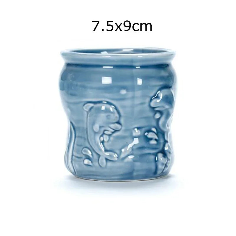 European Style Porcelain Blue Fish Flowerpot - Mini Bonsai Cactus Vase for Home and Garden Decor