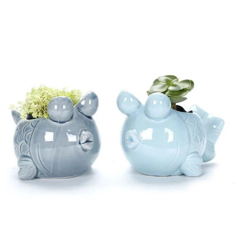 European Style Porcelain Blue Fish Flowerpot - Mini Bonsai Cactus Vase for Home and Garden Decor