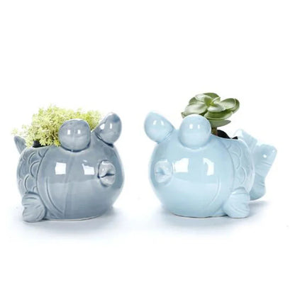 European Style Porcelain Blue Fish Flowerpot - Mini Bonsai Cactus Vase for Home and Garden Decor