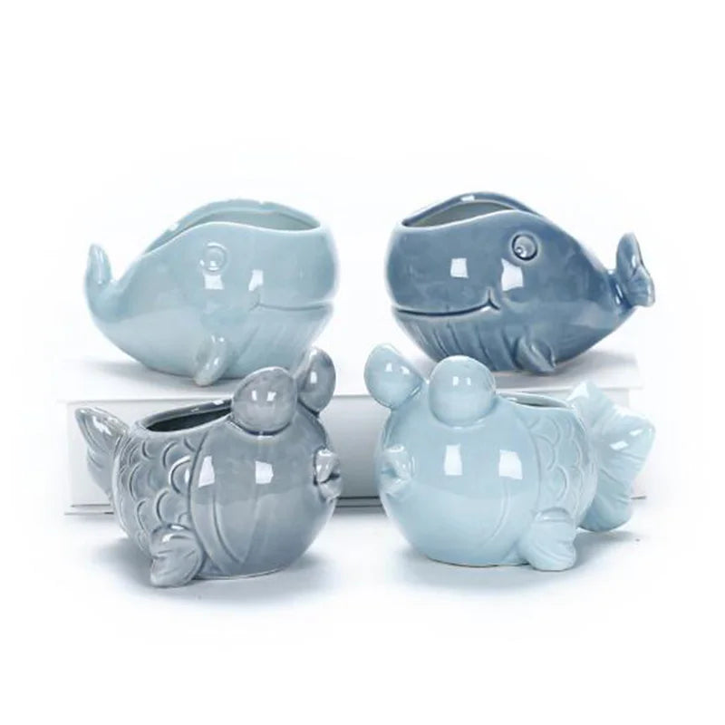 European Style Porcelain Blue Fish Flowerpot - Mini Bonsai Cactus Vase for Home and Garden Decor