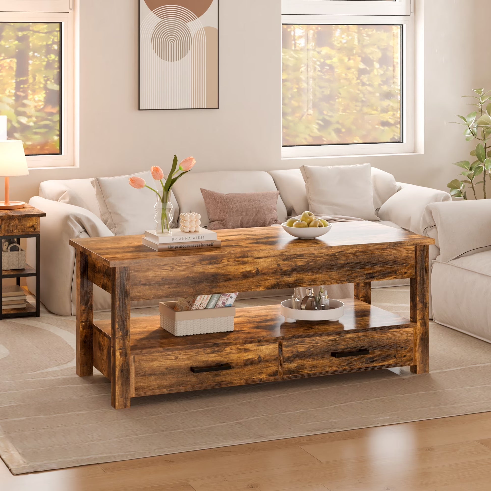 Lift Top Coffee Table with 2 Drawers,Wooden Convertible Coffee Table with Storage for Living Room,Center Table,Brown,42"