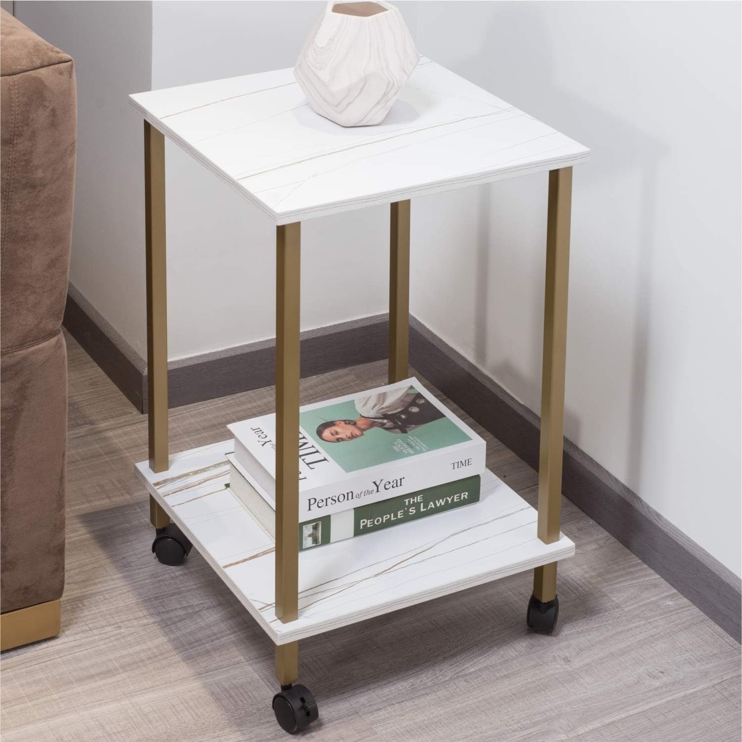 End Table, White Marble Color Accent Table for Living Room,Mdf Top & Shelf 2-Tier Storage,Gold Color Metal Frame,Tall End Table Night Stand with Castors for Bedroom(White Marble Stripe+Gold)