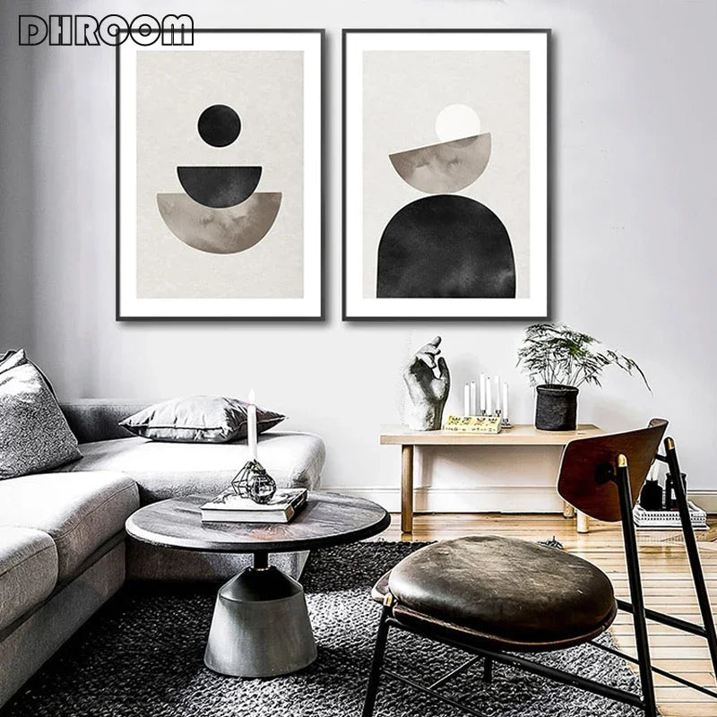 Abstract Geometric Wall Art Canvas Print Set – Modern Minimalist Black & Beige Poster Decor