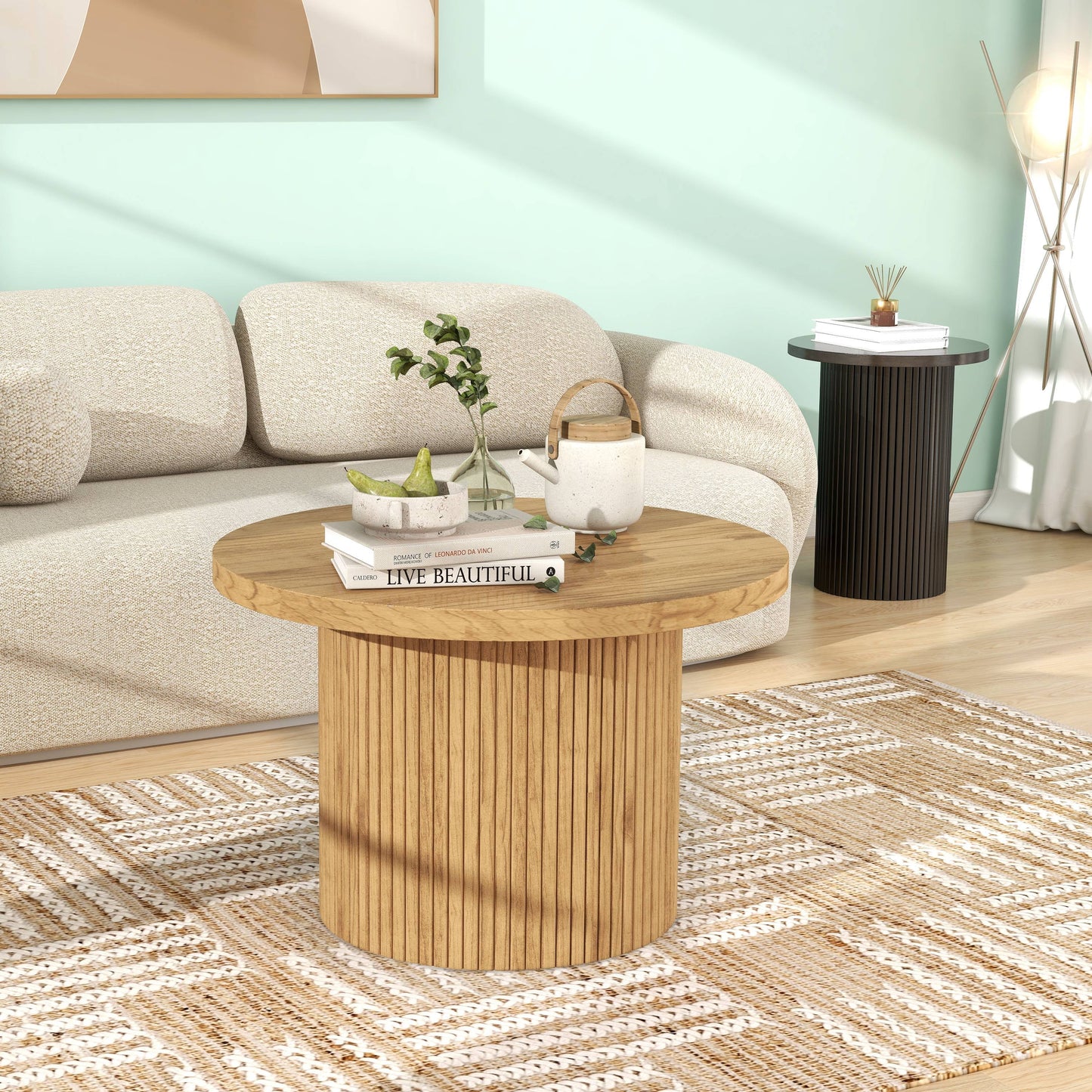 Farmhouse Round Coffee Table with Pedestal Base – Natural Oak Finish