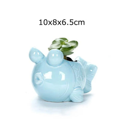 European Style Porcelain Blue Fish Flowerpot - Mini Bonsai Cactus Vase for Home and Garden Decor