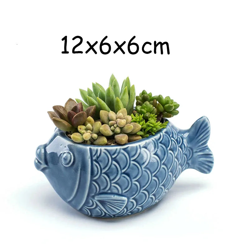 European Style Porcelain Blue Fish Flowerpot - Mini Bonsai Cactus Vase for Home and Garden Decor