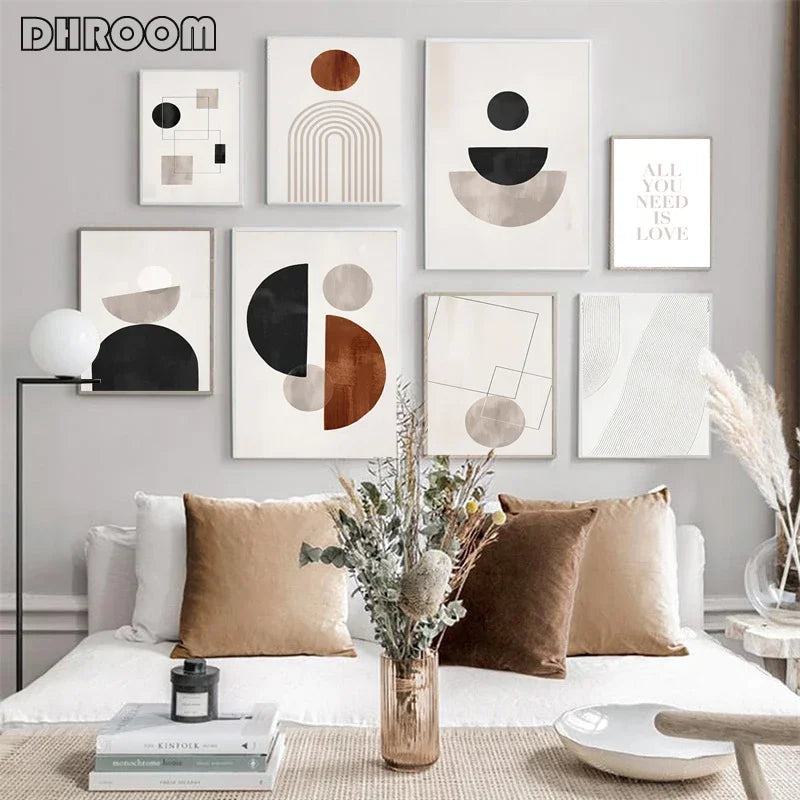Abstract Geometric Wall Art Canvas Print Set – Modern Minimalist Black & Beige Poster Decor