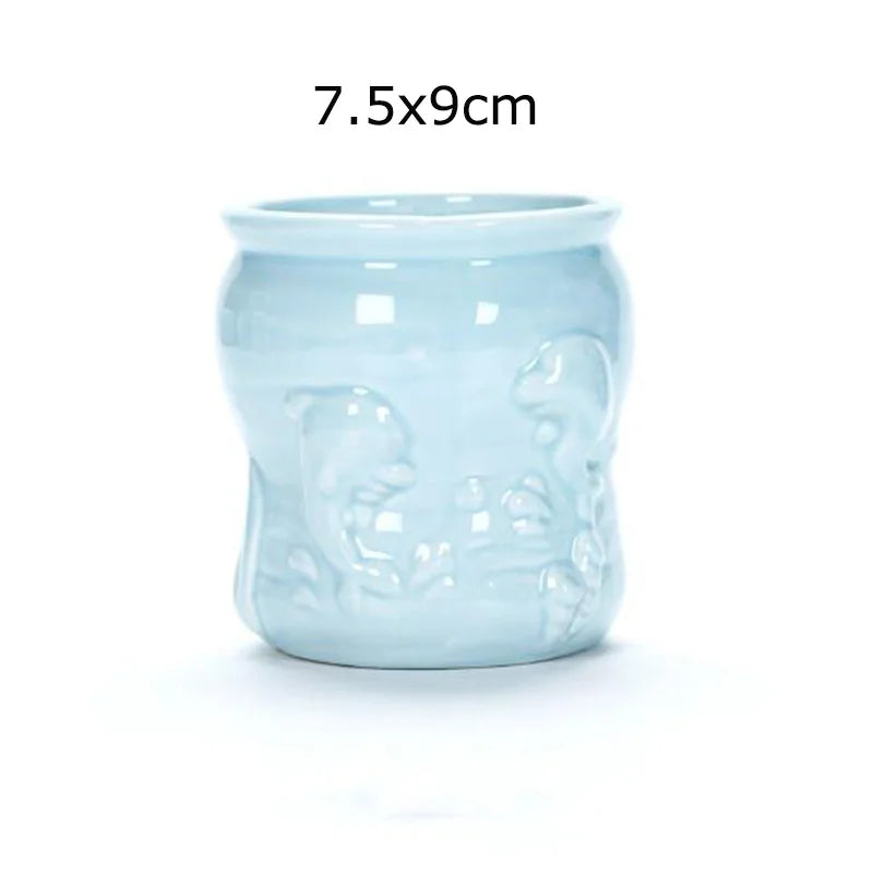 European Style Porcelain Blue Fish Flowerpot - Mini Bonsai Cactus Vase for Home and Garden Decor