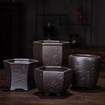 Purple Clay Orchid Plum Floral Pattern Flowerpot Bonsai Vase with a Hole Flower Pot Planter Container Ornaments Home Decor