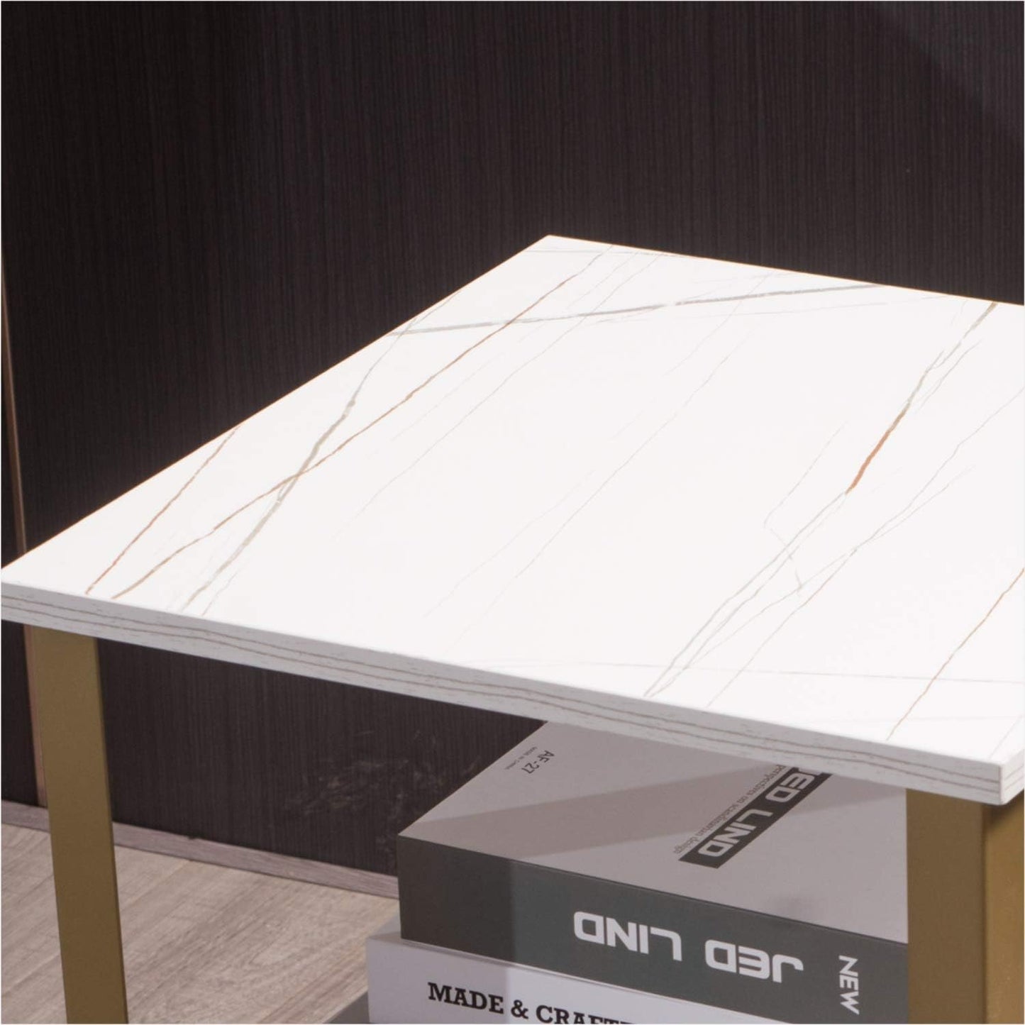 End Table, White Marble Color Accent Table for Living Room,Mdf Top & Shelf 2-Tier Storage,Gold Color Metal Frame,Tall End Table Night Stand with Castors for Bedroom(White Marble Stripe+Gold)