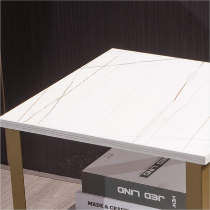 End Table, White Marble Color Accent Table for Living Room,Mdf Top & Shelf 2-Tier Storage,Gold Color Metal Frame,Tall End Table Night Stand with Castors for Bedroom(White Marble Stripe+Gold)
