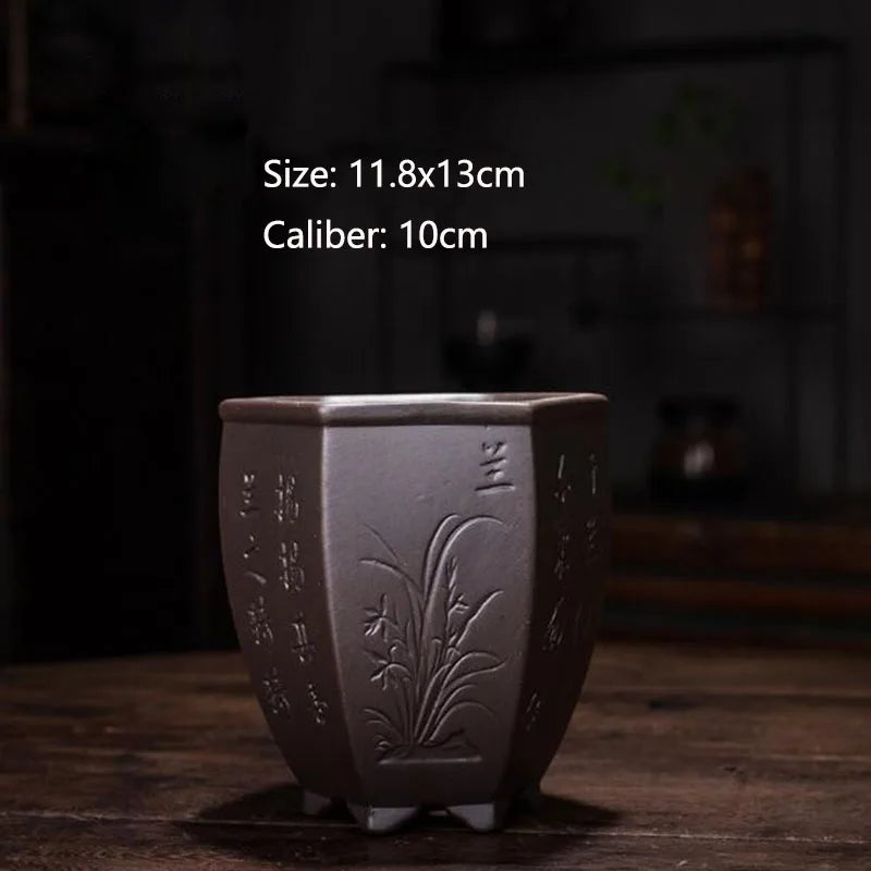Purple Clay Orchid Plum Floral Pattern Flowerpot Bonsai Vase with a Hole Flower Pot Planter Container Ornaments Home Decor