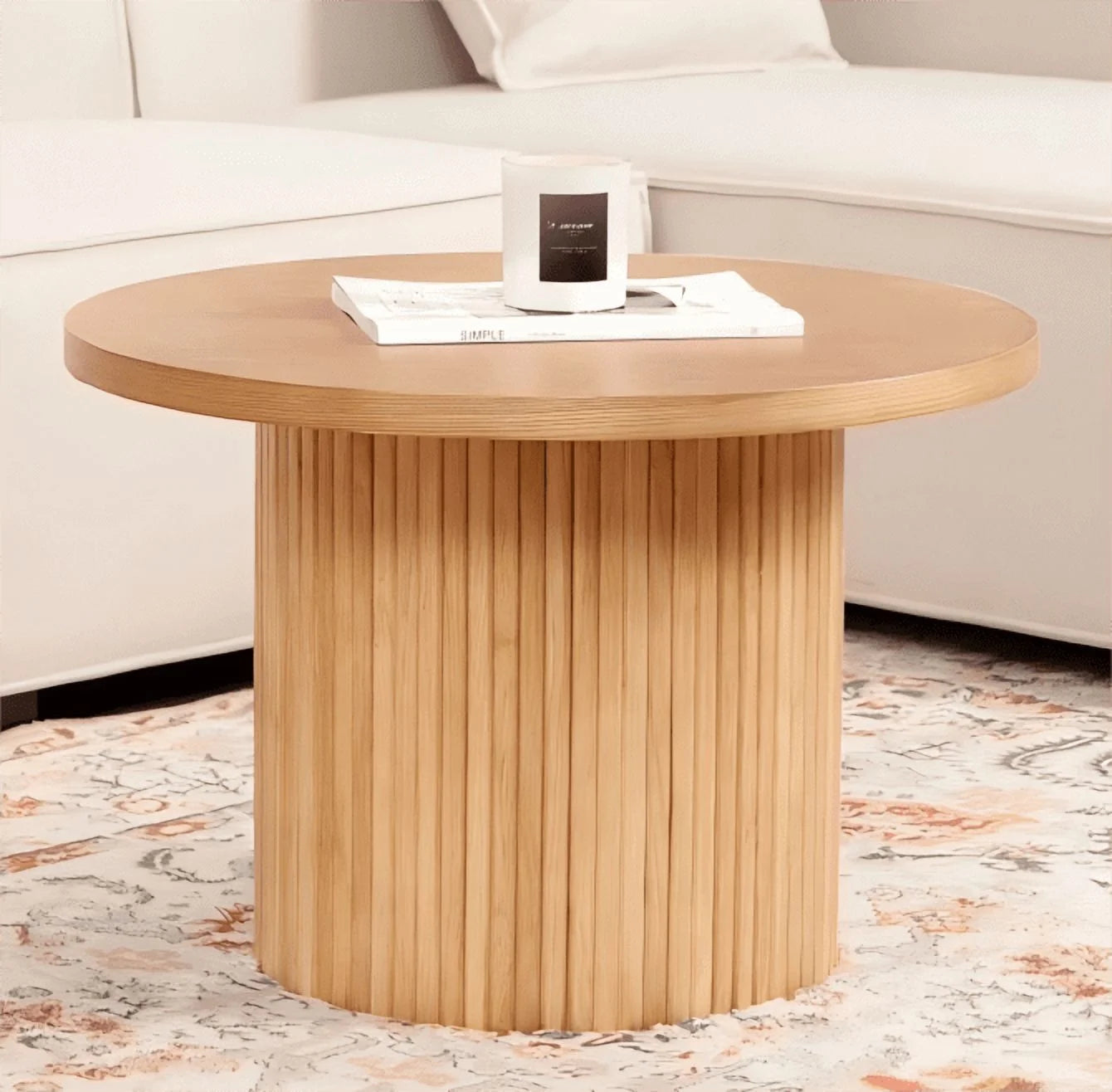 Farmhouse Round Coffee Table with Pedestal Base – Natural Oak Finish