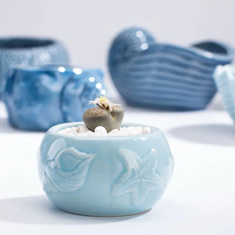 European Style Porcelain Blue Fish Flowerpot - Mini Bonsai Cactus Vase for Home and Garden Decor