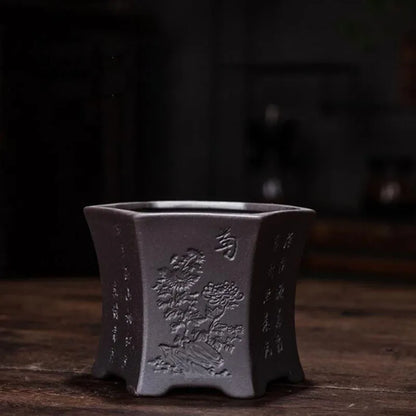 Purple Clay Orchid Plum Floral Pattern Flowerpot Bonsai Vase with a Hole Flower Pot Planter Container Ornaments Home Decor
