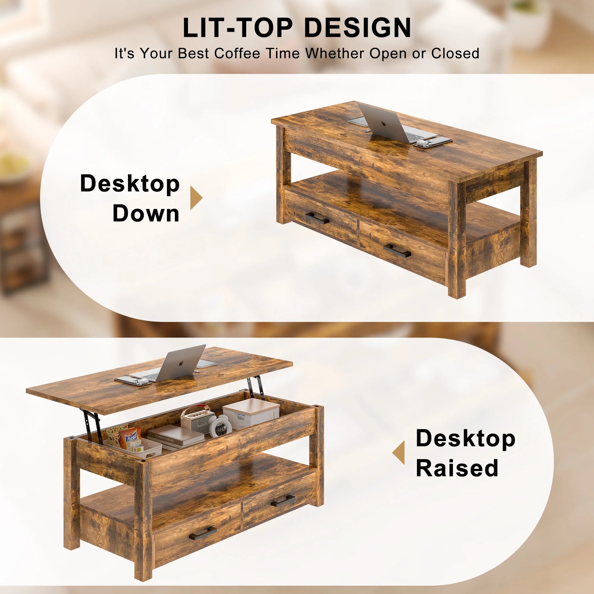 Lift Top Coffee Table with 2 Drawers,Wooden Convertible Coffee Table with Storage for Living Room,Center Table,Brown,42"