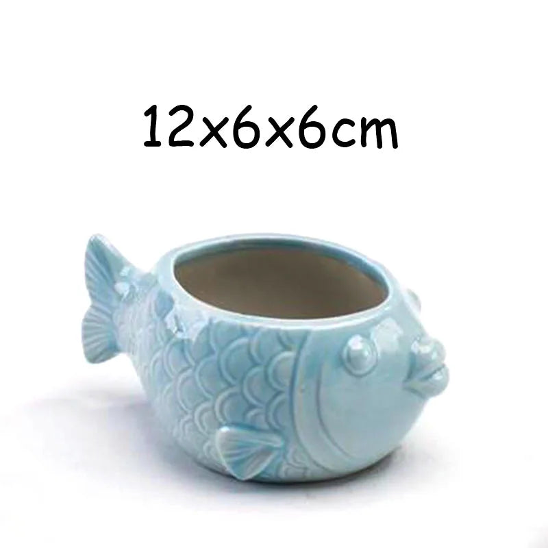 European Style Porcelain Blue Fish Flowerpot - Mini Bonsai Cactus Vase for Home and Garden Decor