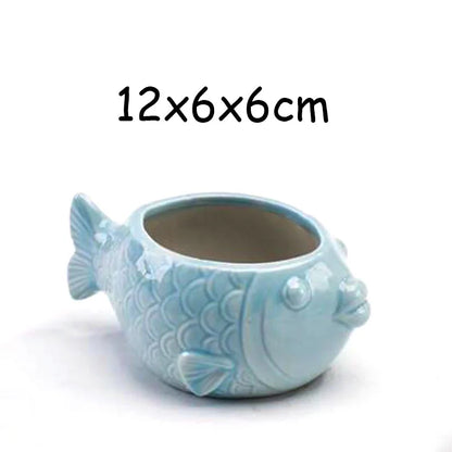 European Style Porcelain Blue Fish Flowerpot - Mini Bonsai Cactus Vase for Home and Garden Decor