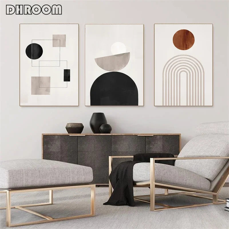 Abstract Geometric Wall Art Canvas Print Set – Modern Minimalist Black & Beige Poster Decor
