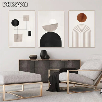 Abstract Geometric Wall Art Canvas Print Set – Modern Minimalist Black & Beige Poster Decor