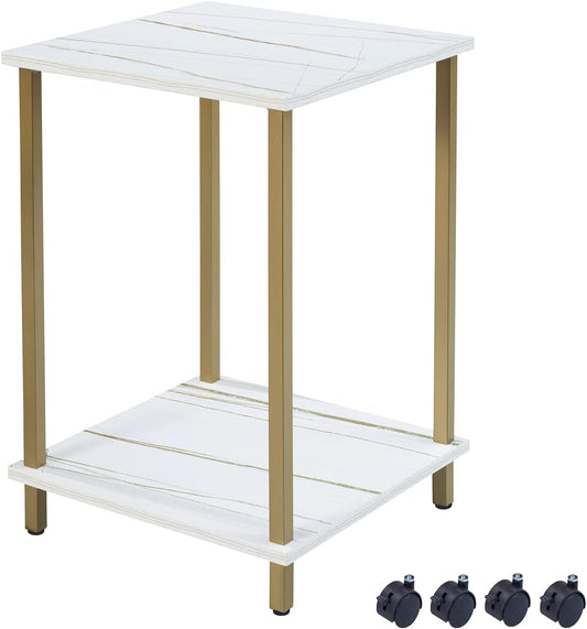 End Table, White Marble Color Accent Table for Living Room,Mdf Top & Shelf 2-Tier Storage,Gold Color Metal Frame,Tall End Table Night Stand with Castors for Bedroom(White Marble Stripe+Gold)