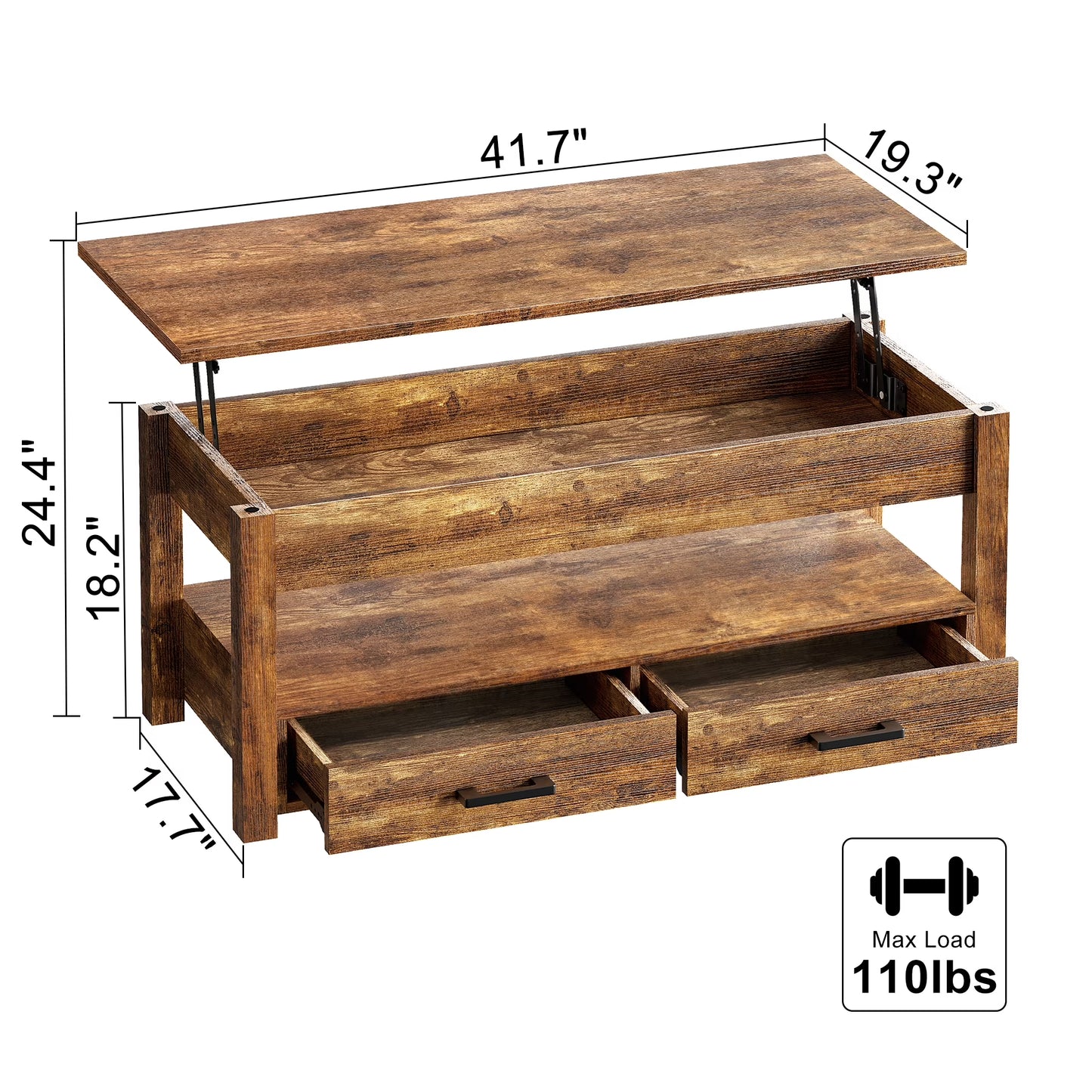 Lift Top Coffee Table with 2 Drawers,Wooden Convertible Coffee Table with Storage for Living Room,Center Table,Brown,42"