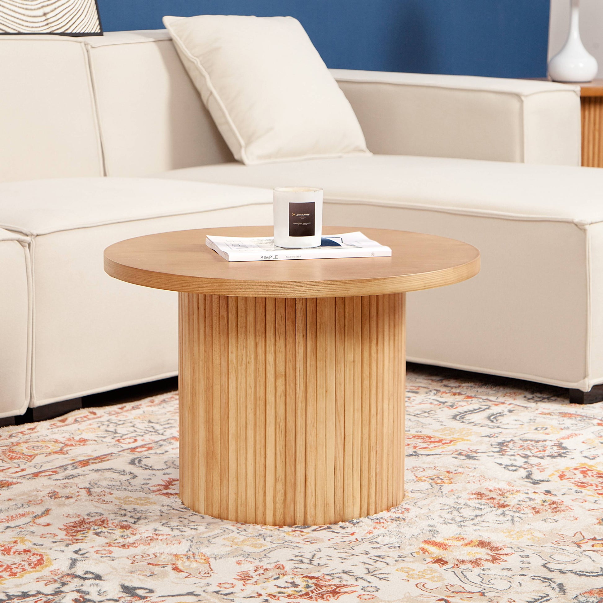 Farmhouse Round Coffee Table with Pedestal Base – Natural Oak Finish