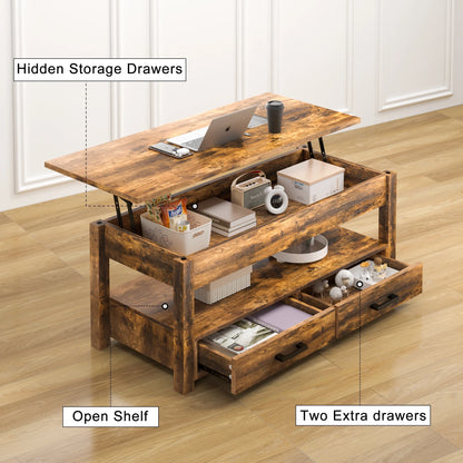 Lift Top Coffee Table with 2 Drawers,Wooden Convertible Coffee Table with Storage for Living Room,Center Table,Brown,42"