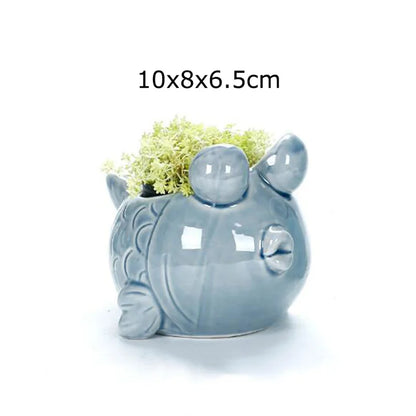 European Style Porcelain Blue Fish Flowerpot - Mini Bonsai Cactus Vase for Home and Garden Decor