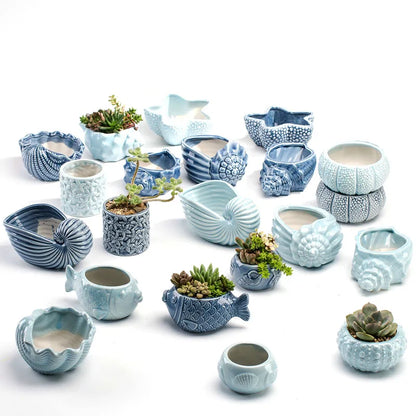 European Style Porcelain Blue Fish Flowerpot - Mini Bonsai Cactus Vase for Home and Garden Decor