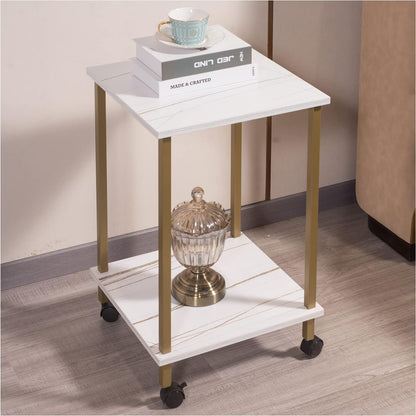 End Table, White Marble Color Accent Table for Living Room,Mdf Top & Shelf 2-Tier Storage,Gold Color Metal Frame,Tall End Table Night Stand with Castors for Bedroom(White Marble Stripe+Gold)