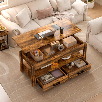 Lift Top Coffee Table with 2 Drawers,Wooden Convertible Coffee Table with Storage for Living Room,Center Table,Brown,42"