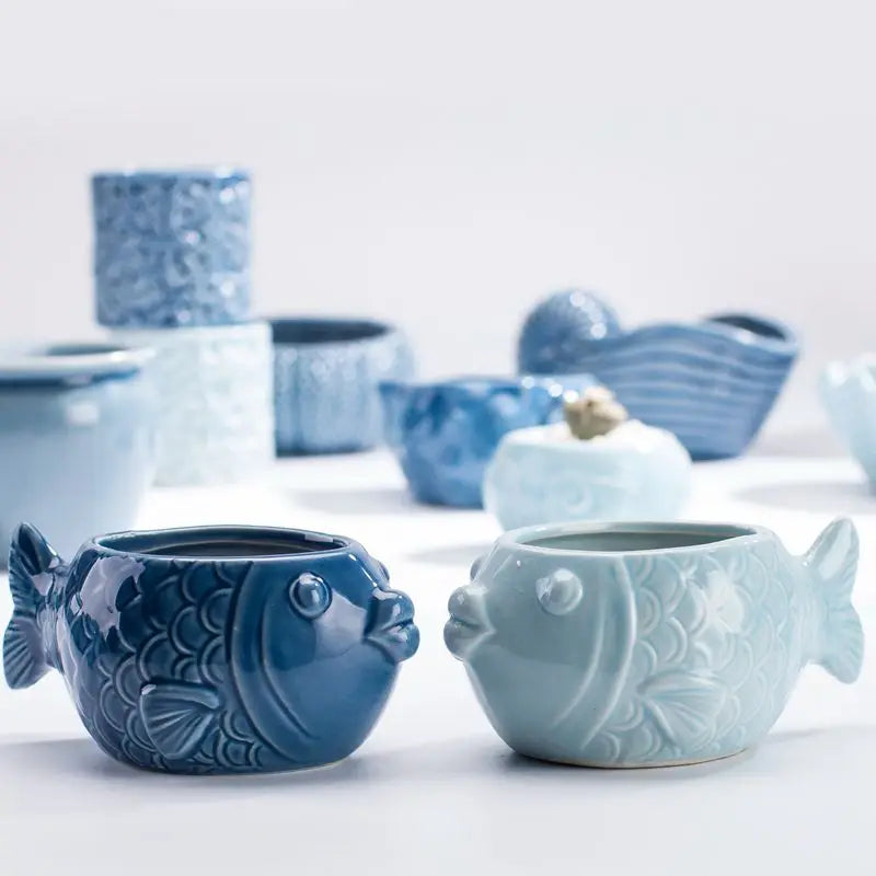 European Style Porcelain Blue Fish Flowerpot - Mini Bonsai Cactus Vase for Home and Garden Decor