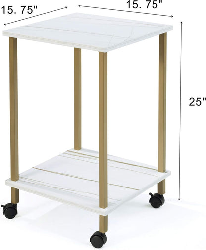 End Table, White Marble Color Accent Table for Living Room,Mdf Top & Shelf 2-Tier Storage,Gold Color Metal Frame,Tall End Table Night Stand with Castors for Bedroom(White Marble Stripe+Gold)